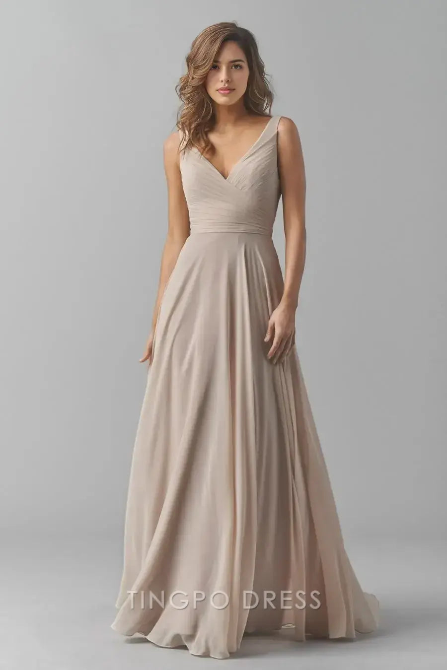 TingPo Wholesale Elegant Nude Deep V Dress - Sleeveless Wrap - Style Maxi Evening Gown